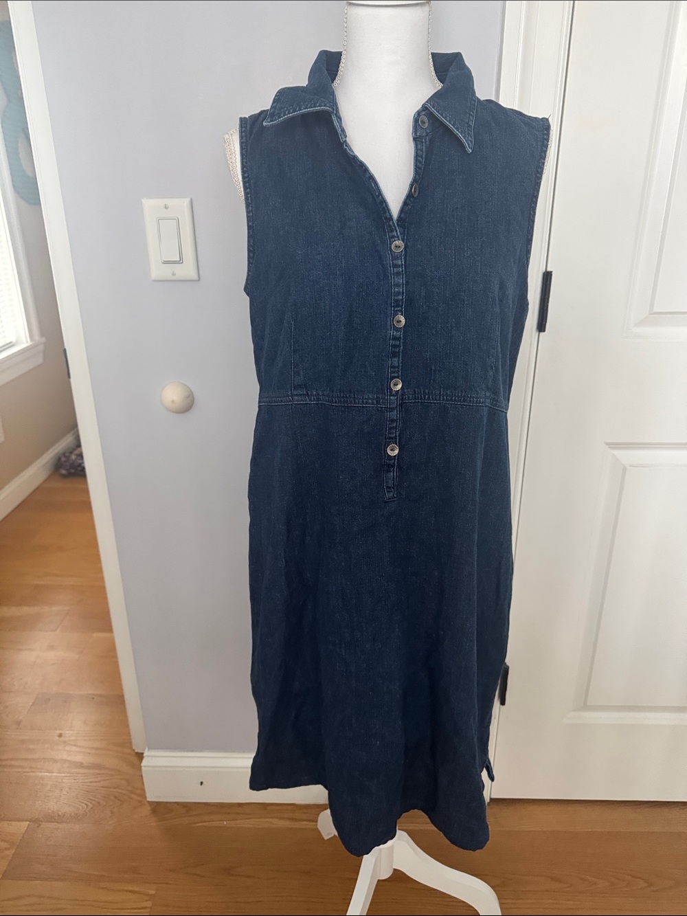 Sleeveless Button-Front Denim Dress - Dark Blue